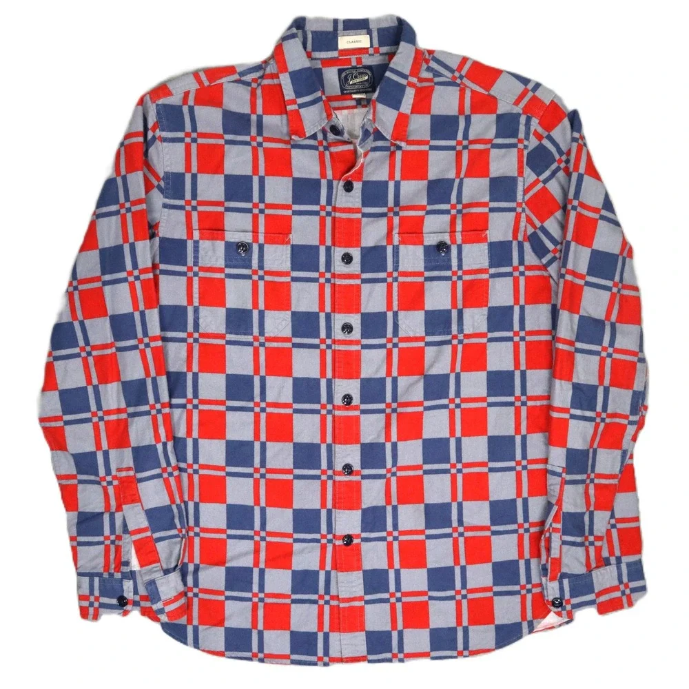 J.Crew New York Chamois Shirt Mens L Red Blue Gray Plaid 100% Cotton Classic Fit
